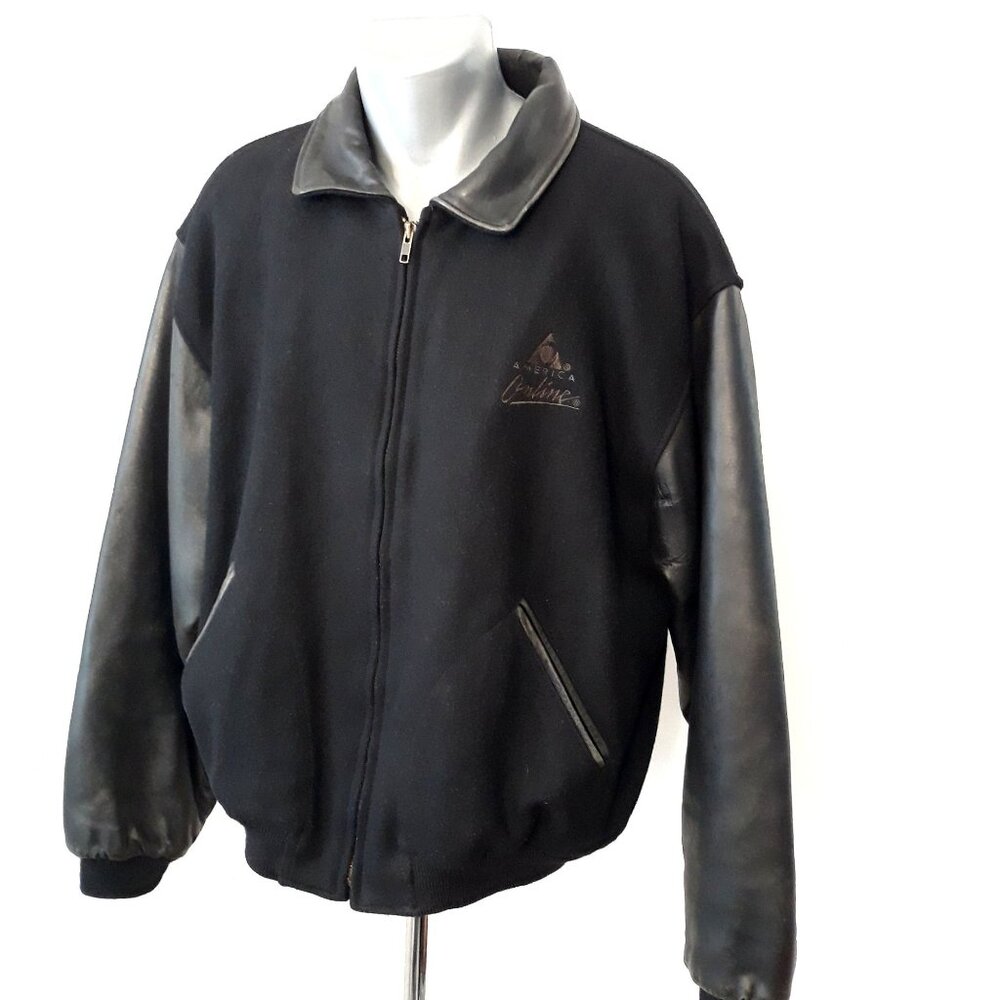 Golden Bear 1990s America Online, Leather-Sleeved Wool Varsity Jacket, Embroider
